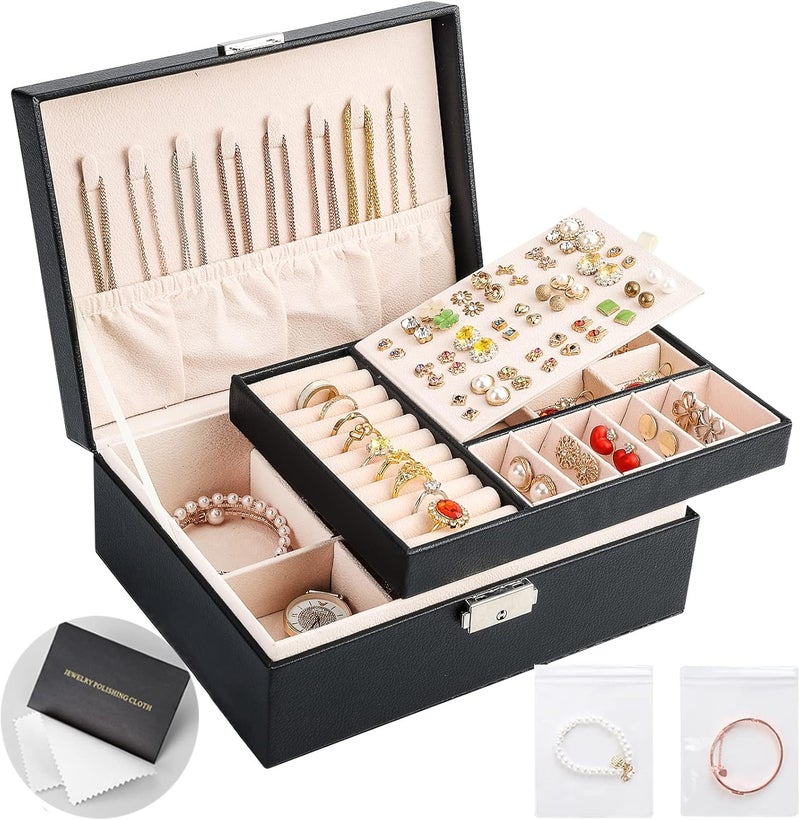 Sanikeon Jewelry Boxes for Women Girls 2 Layers leather Jewelry Organizer Case with Lock Storage Box Removable Tray for Necklace Earring Ring with Polishing Cloth and Jewelry Bags - Image 1